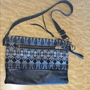 Rais Case Black Wool like Tapestry & Leather shoulder / clutch Bag